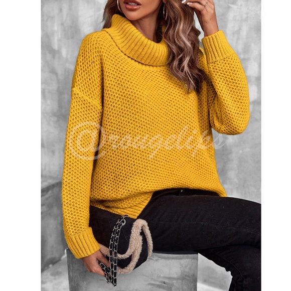 Mustard Yellow Knit Turtleneck Pullover Sweater Long Sleeve Loose Fit Oversized - Picture 5 of 8